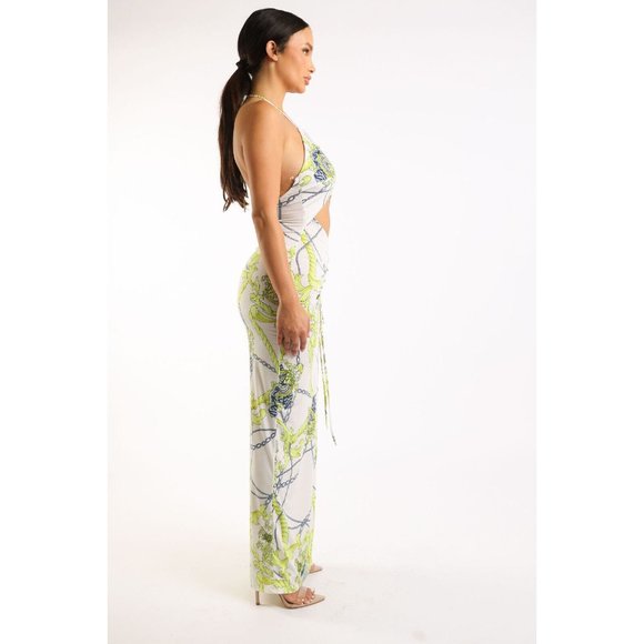 Women's Printed Halter Long Maxi Dress Strappy Sleeve Cut Out Front Sexy Cute - Picture 5 of 10